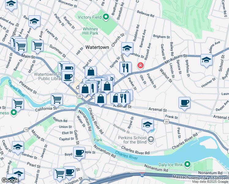 map of restaurants, bars, coffee shops, grocery stores, and more near 15 Patten Street in Watertown