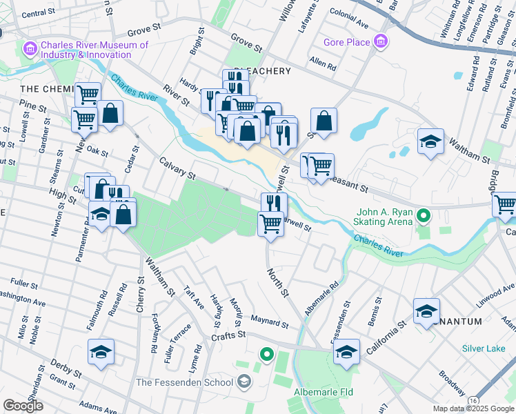 map of restaurants, bars, coffee shops, grocery stores, and more near 251 Calvary Street in Waltham
