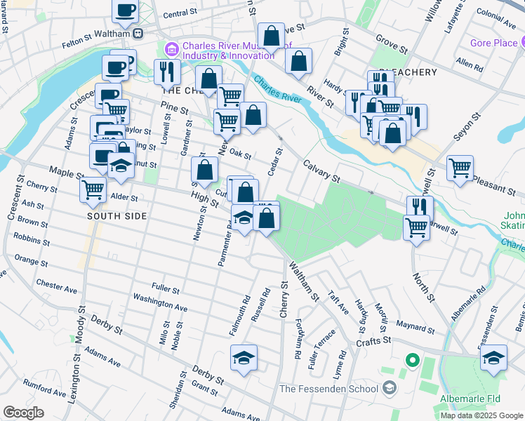 map of restaurants, bars, coffee shops, grocery stores, and more near 88 Cedar Street in Waltham