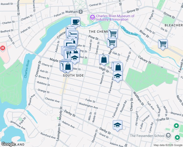 map of restaurants, bars, coffee shops, grocery stores, and more near 92 Myrtle Street in Waltham