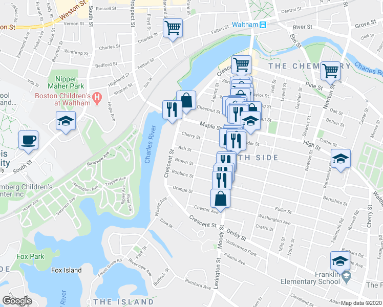 map of restaurants, bars, coffee shops, grocery stores, and more near 149 Adams Street in Waltham