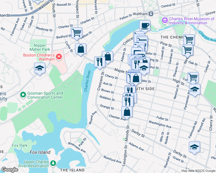 map of restaurants, bars, coffee shops, grocery stores, and more near 12 Brown Street in Waltham