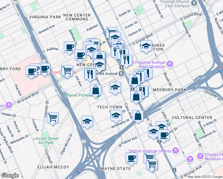 map of restaurants, bars, coffee shops, grocery stores, and more near in Detroit