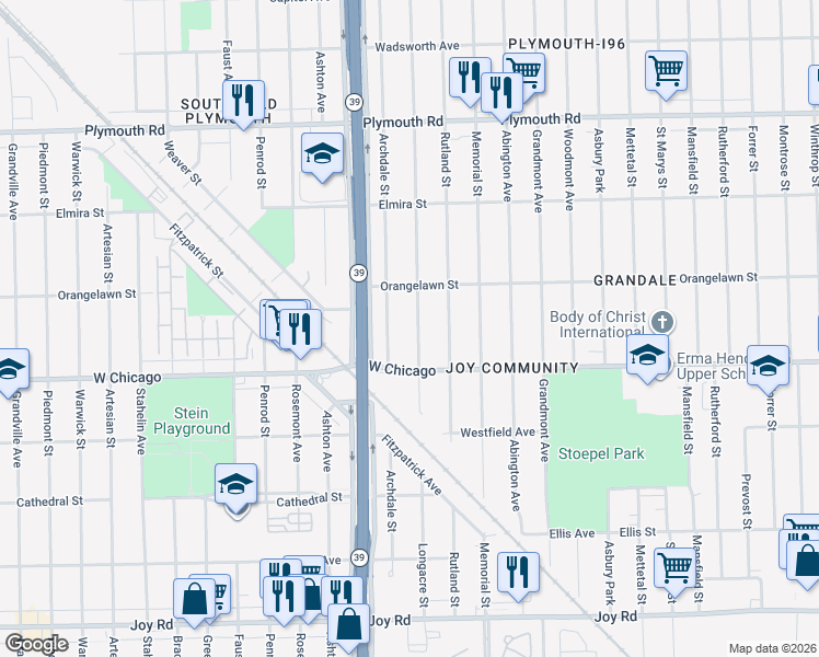 map of restaurants, bars, coffee shops, grocery stores, and more near 9556 Longacre Street in Detroit