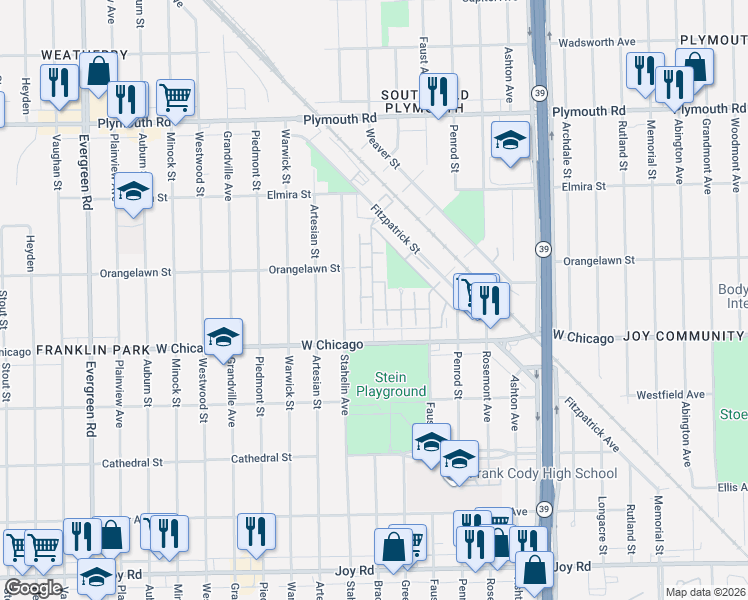 map of restaurants, bars, coffee shops, grocery stores, and more near 9560 Stahelin Avenue in Detroit