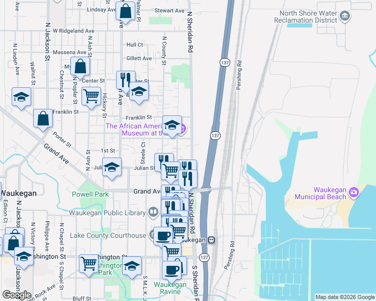 map of restaurants, bars, coffee shops, grocery stores, and more near 423 North Genesee Street in Waukegan