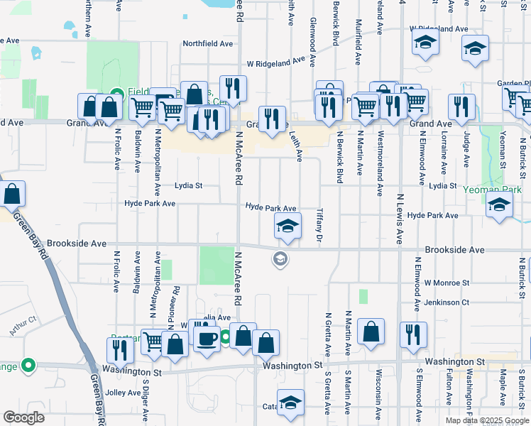 map of restaurants, bars, coffee shops, grocery stores, and more near 409 Flossmoor Avenue in Waukegan