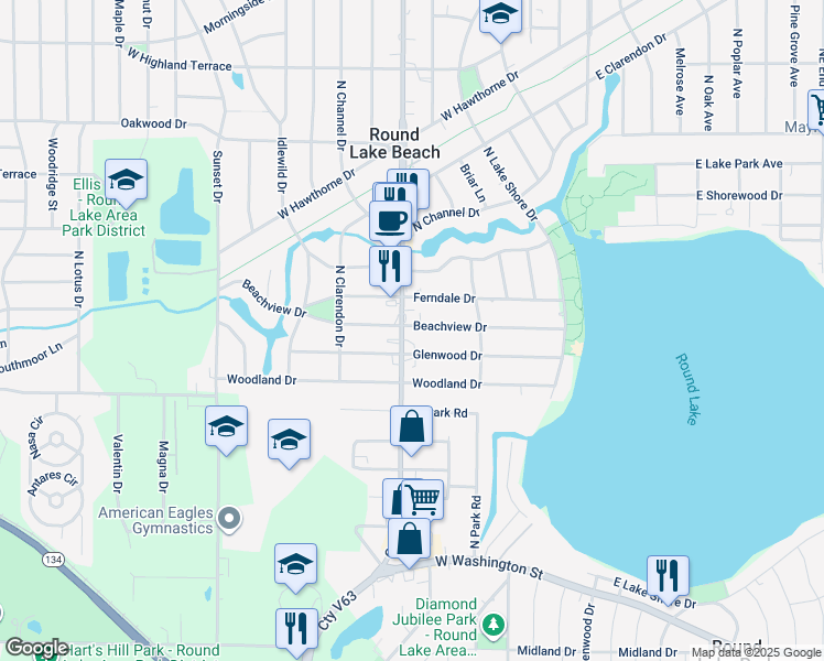map of restaurants, bars, coffee shops, grocery stores, and more near 222 Glenwood Drive in Round Lake Beach