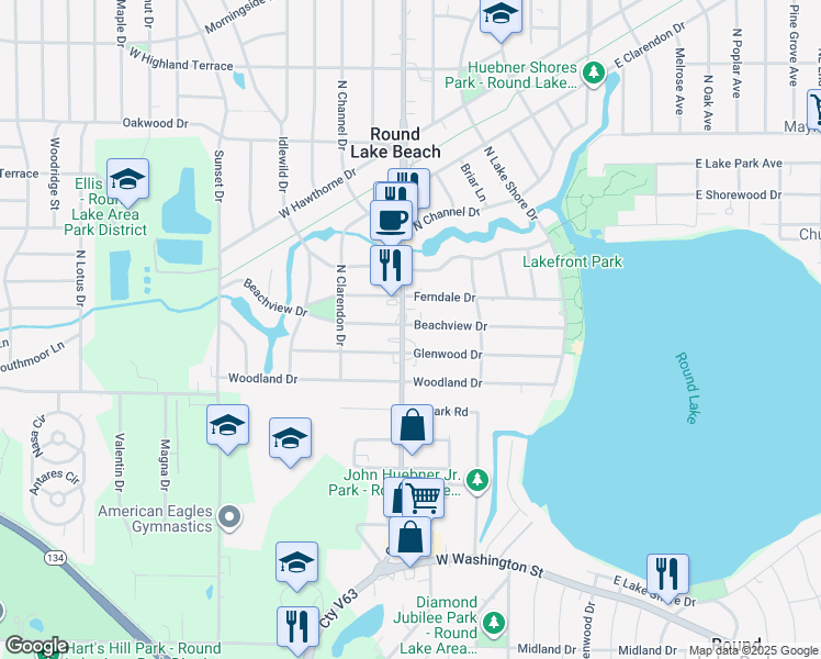 map of restaurants, bars, coffee shops, grocery stores, and more near 222 Glenwood Drive in Round Lake Beach
