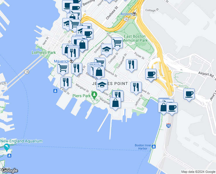 map of restaurants, bars, coffee shops, grocery stores, and more near in Boston