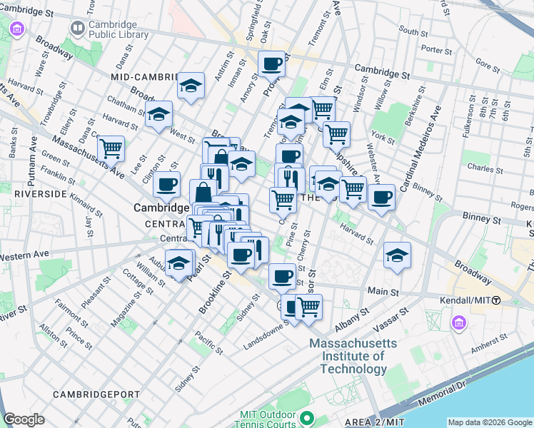 map of restaurants, bars, coffee shops, grocery stores, and more near 385 Washington Street in Cambridge