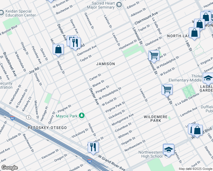 map of restaurants, bars, coffee shops, grocery stores, and more near 3266 Pingree Street in Detroit
