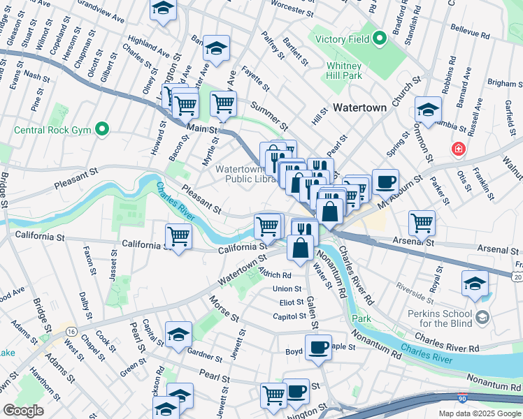 map of restaurants, bars, coffee shops, grocery stores, and more near 64 Pleasant Street in Watertown