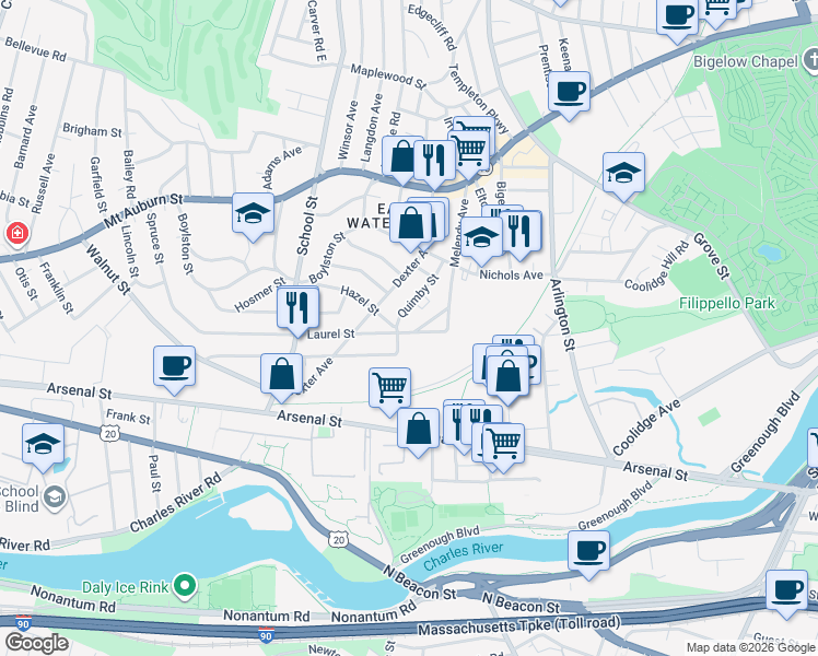 map of restaurants, bars, coffee shops, grocery stores, and more near 39 Oak Street in Watertown