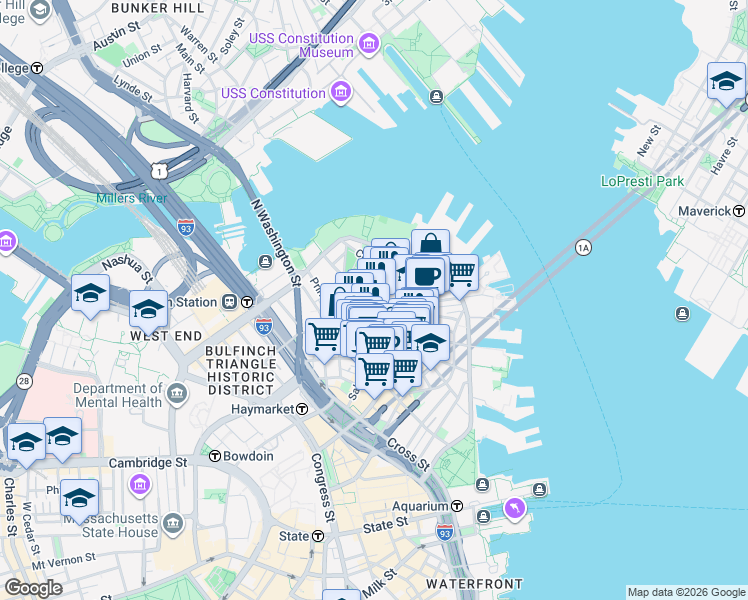map of restaurants, bars, coffee shops, grocery stores, and more near in Boston