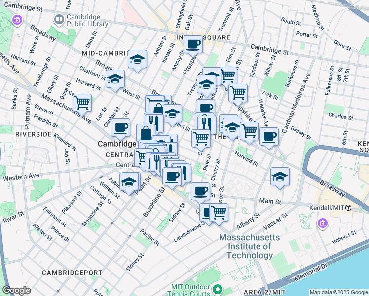 map of restaurants, bars, coffee shops, grocery stores, and more near 16 Suffolk Street in Cambridge