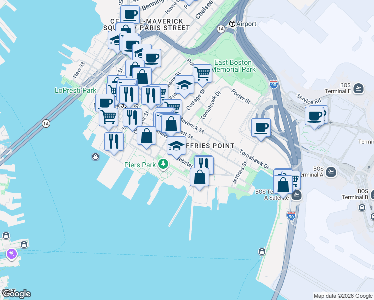 map of restaurants, bars, coffee shops, grocery stores, and more near 403 Sumner Street in Boston