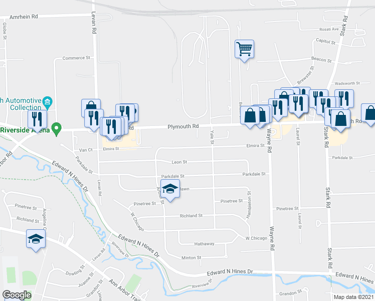 map of restaurants, bars, coffee shops, grocery stores, and more near 35527 Elmira Street in Livonia