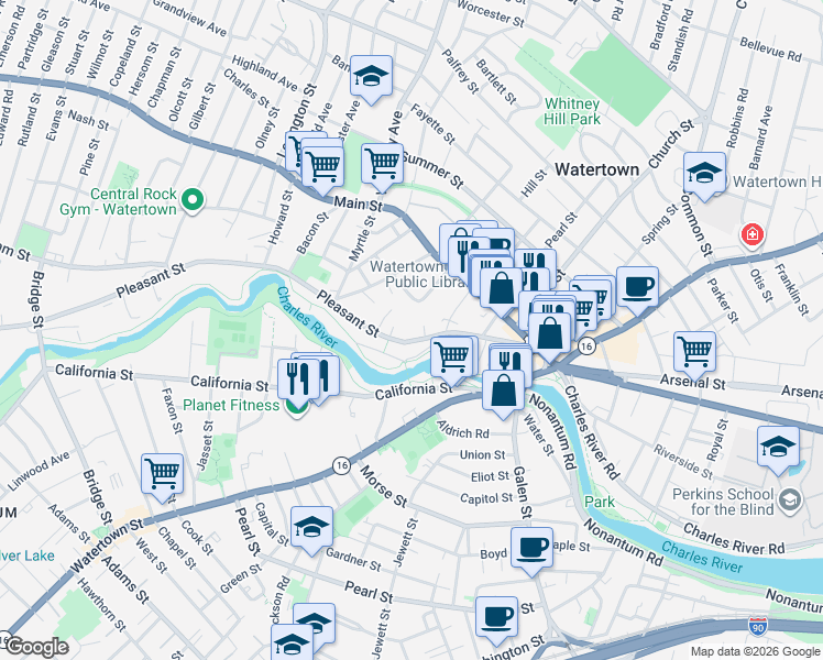 map of restaurants, bars, coffee shops, grocery stores, and more near 96 Pleasant Street in Watertown