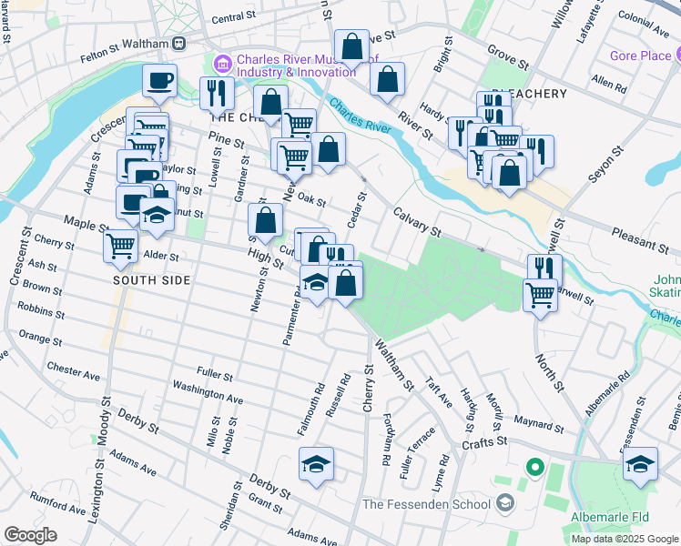 map of restaurants, bars, coffee shops, grocery stores, and more near 88 Cedar Street in Waltham
