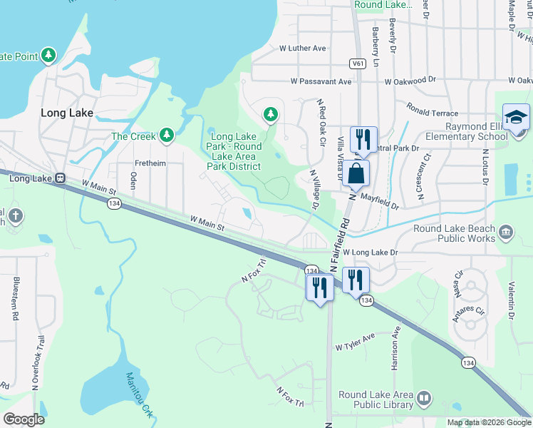 map of restaurants, bars, coffee shops, grocery stores, and more near 1414 West Clear Water Circle in Round Lake Beach