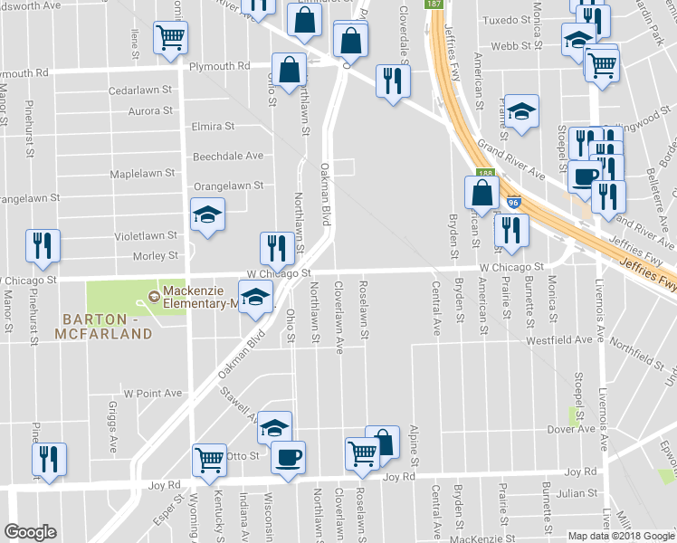 map of restaurants, bars, coffee shops, grocery stores, and more near Cloverlawn Street in Detroit