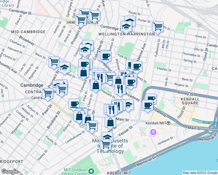 map of restaurants, bars, coffee shops, grocery stores, and more near 228 Broadway in Cambridge