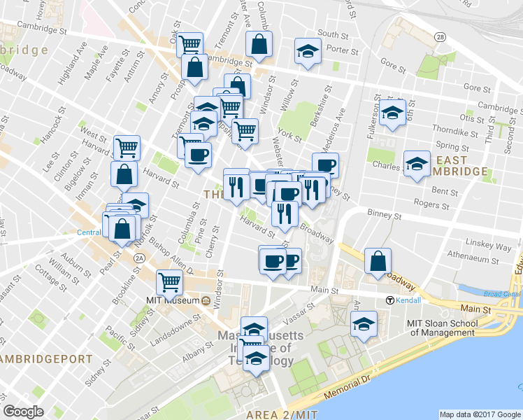 map of restaurants, bars, coffee shops, grocery stores, and more near 222 Broadway in Cambridge