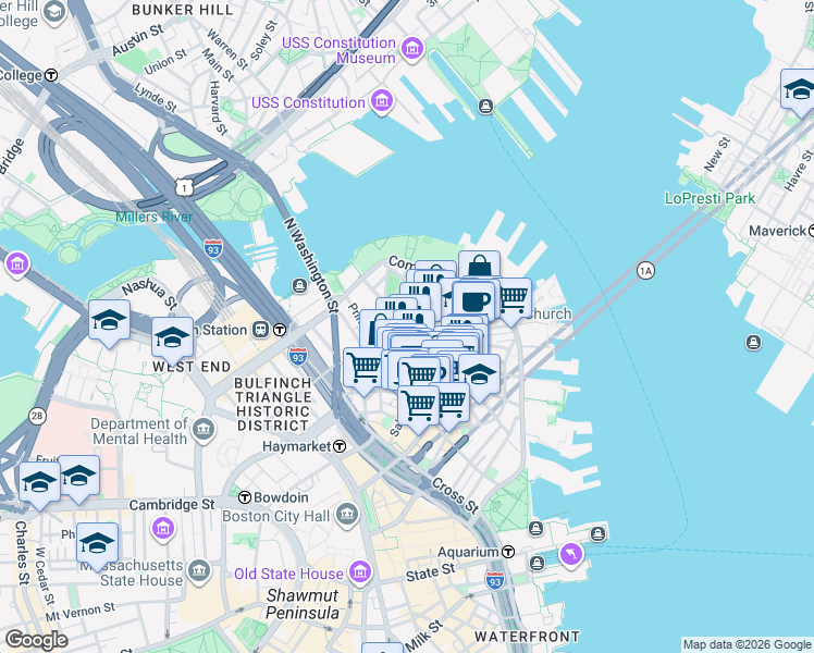 map of restaurants, bars, coffee shops, grocery stores, and more near in Boston