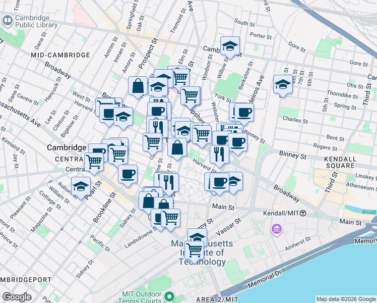 map of restaurants, bars, coffee shops, grocery stores, and more near 8 Harvard Street in Cambridge