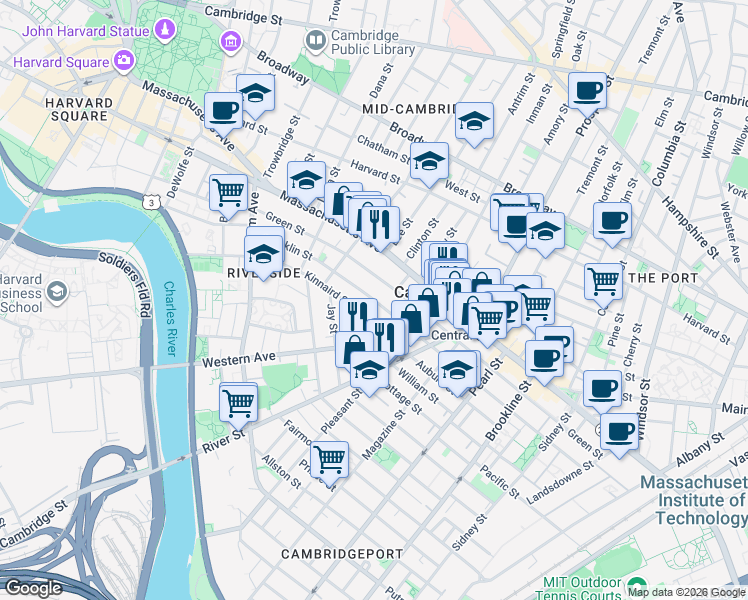 map of restaurants, bars, coffee shops, grocery stores, and more near 345 Franklin Street in Cambridge