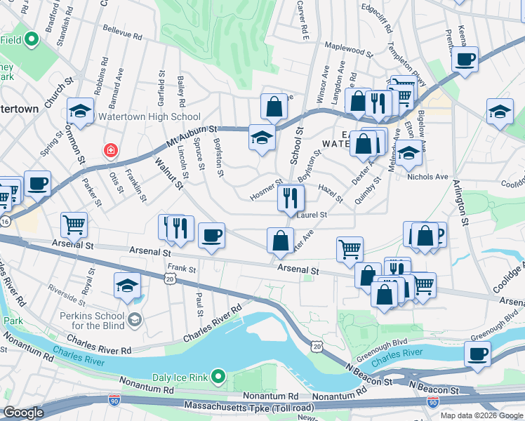 map of restaurants, bars, coffee shops, grocery stores, and more near 155 Spruce Street in Watertown