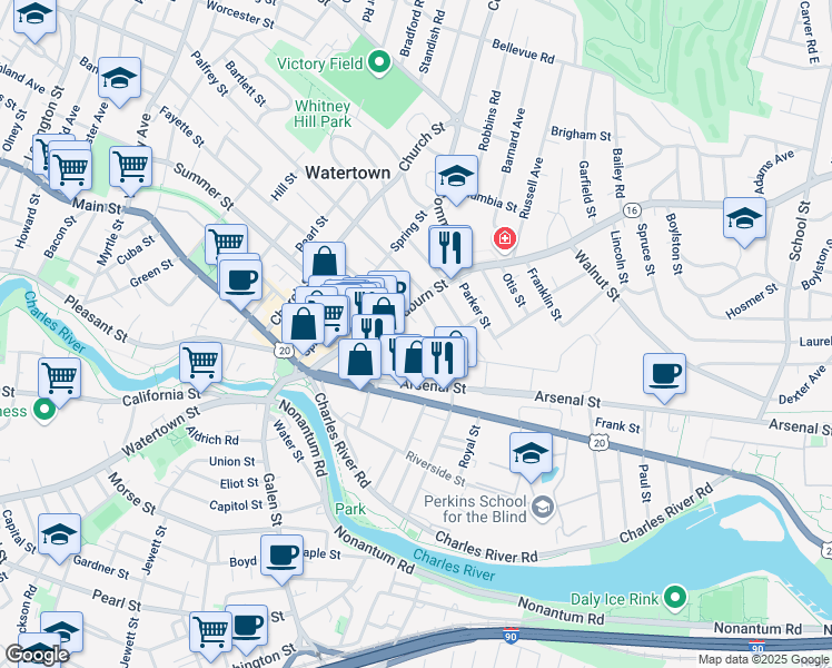 map of restaurants, bars, coffee shops, grocery stores, and more near 39 Irving Street in Watertown