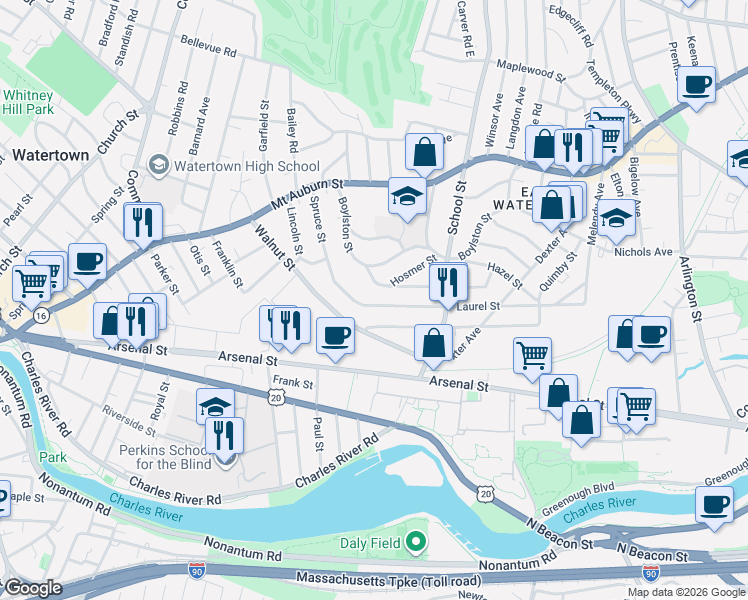 map of restaurants, bars, coffee shops, grocery stores, and more near 124 Spruce Street in Watertown