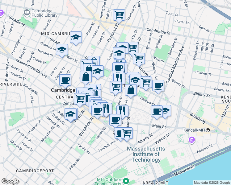 map of restaurants, bars, coffee shops, grocery stores, and more near in Cambridge