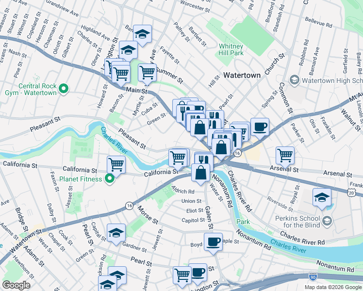 map of restaurants, bars, coffee shops, grocery stores, and more near 64 Pleasant Street in Watertown