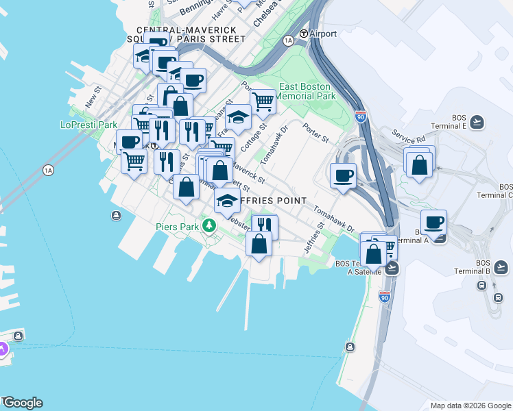 map of restaurants, bars, coffee shops, grocery stores, and more near 430 Sumner Street in Boston