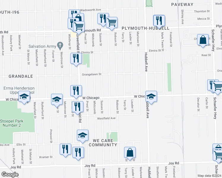 map of restaurants, bars, coffee shops, grocery stores, and more near 9552 Coyle Street in Detroit