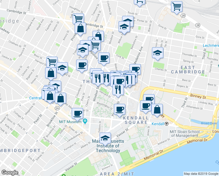map of restaurants, bars, coffee shops, grocery stores, and more near 220 Broadway in Cambridge