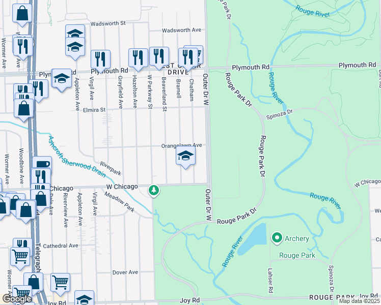 map of restaurants, bars, coffee shops, grocery stores, and more near 9606 Chatham in Detroit