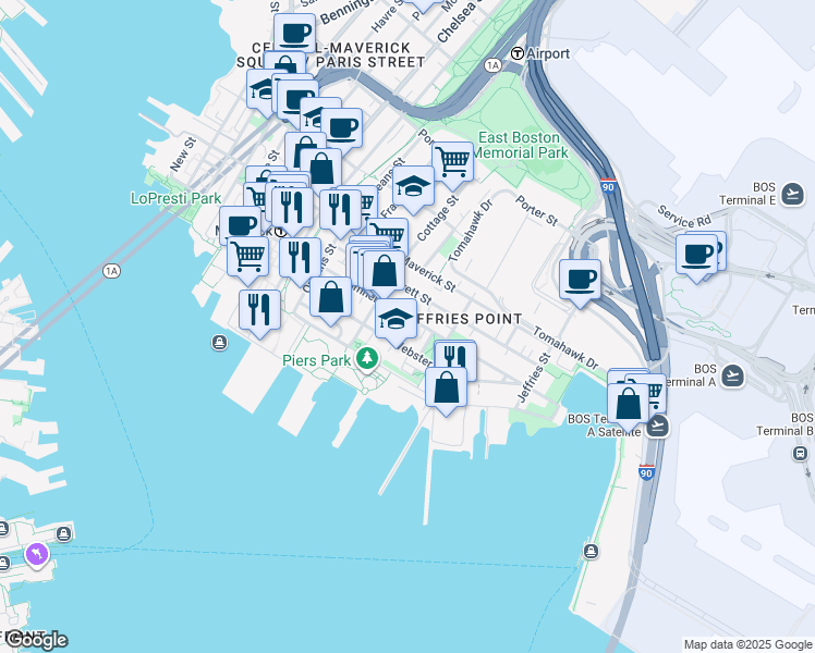 map of restaurants, bars, coffee shops, grocery stores, and more near in Boston
