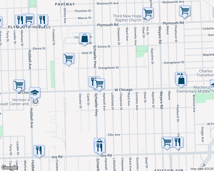 map of restaurants, bars, coffee shops, grocery stores, and more near 13344 West Chicago in Detroit