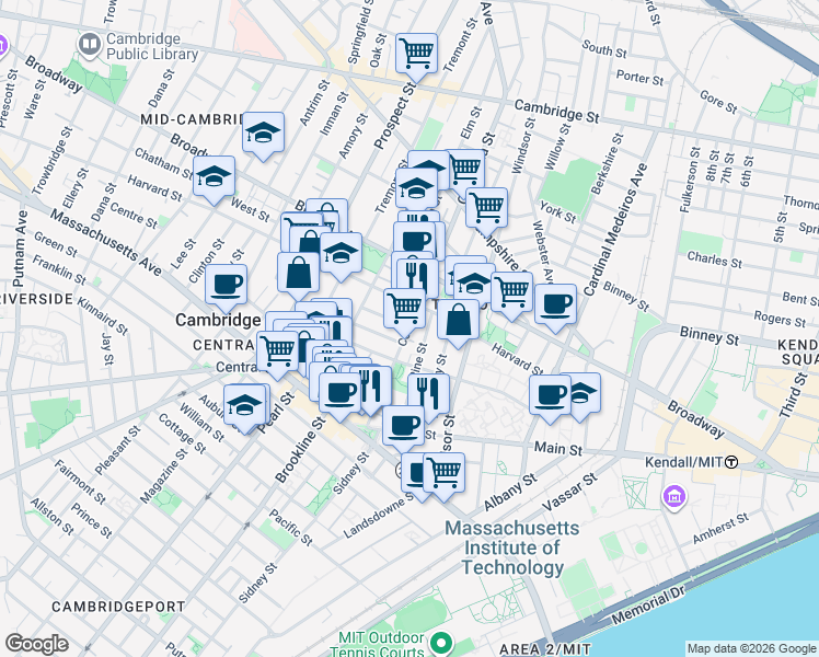 map of restaurants, bars, coffee shops, grocery stores, and more near in Cambridge