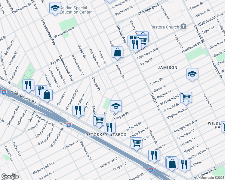 map of restaurants, bars, coffee shops, grocery stores, and more near 8902 Petoskey Avenue in Detroit