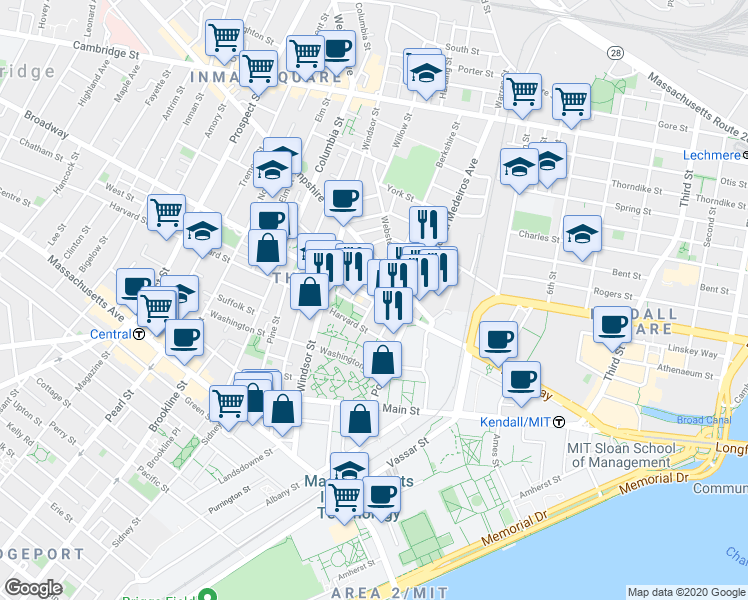 map of restaurants, bars, coffee shops, grocery stores, and more near Broadway & Moore Street in Cambridge