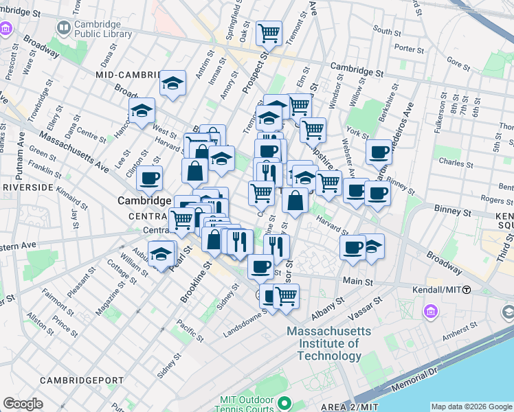 map of restaurants, bars, coffee shops, grocery stores, and more near 6 Worcester Street in Cambridge