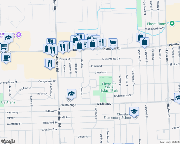 map of restaurants, bars, coffee shops, grocery stores, and more near 28565 Cleveland in Livonia