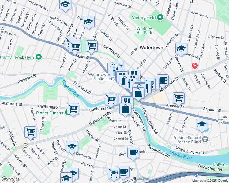 map of restaurants, bars, coffee shops, grocery stores, and more near 53 Pleasant Street in Watertown