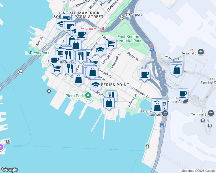 map of restaurants, bars, coffee shops, grocery stores, and more near 430 Sumner Street in Boston