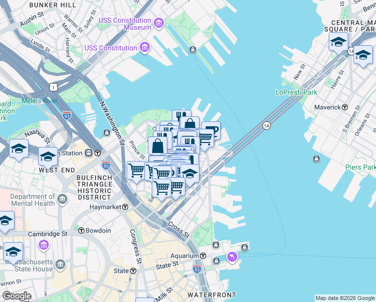 map of restaurants, bars, coffee shops, grocery stores, and more near in Boston
